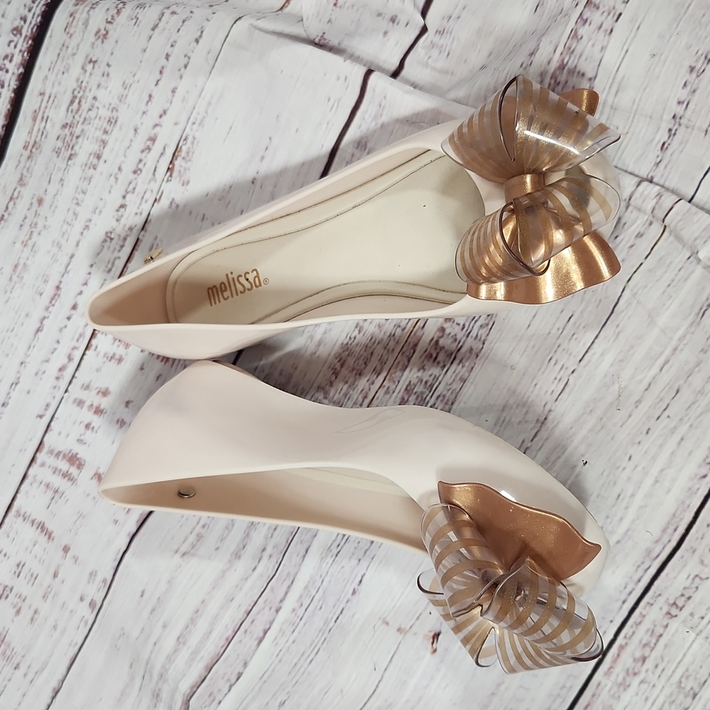 Mini Melissa Cream Dress Shoes with Gold Bow